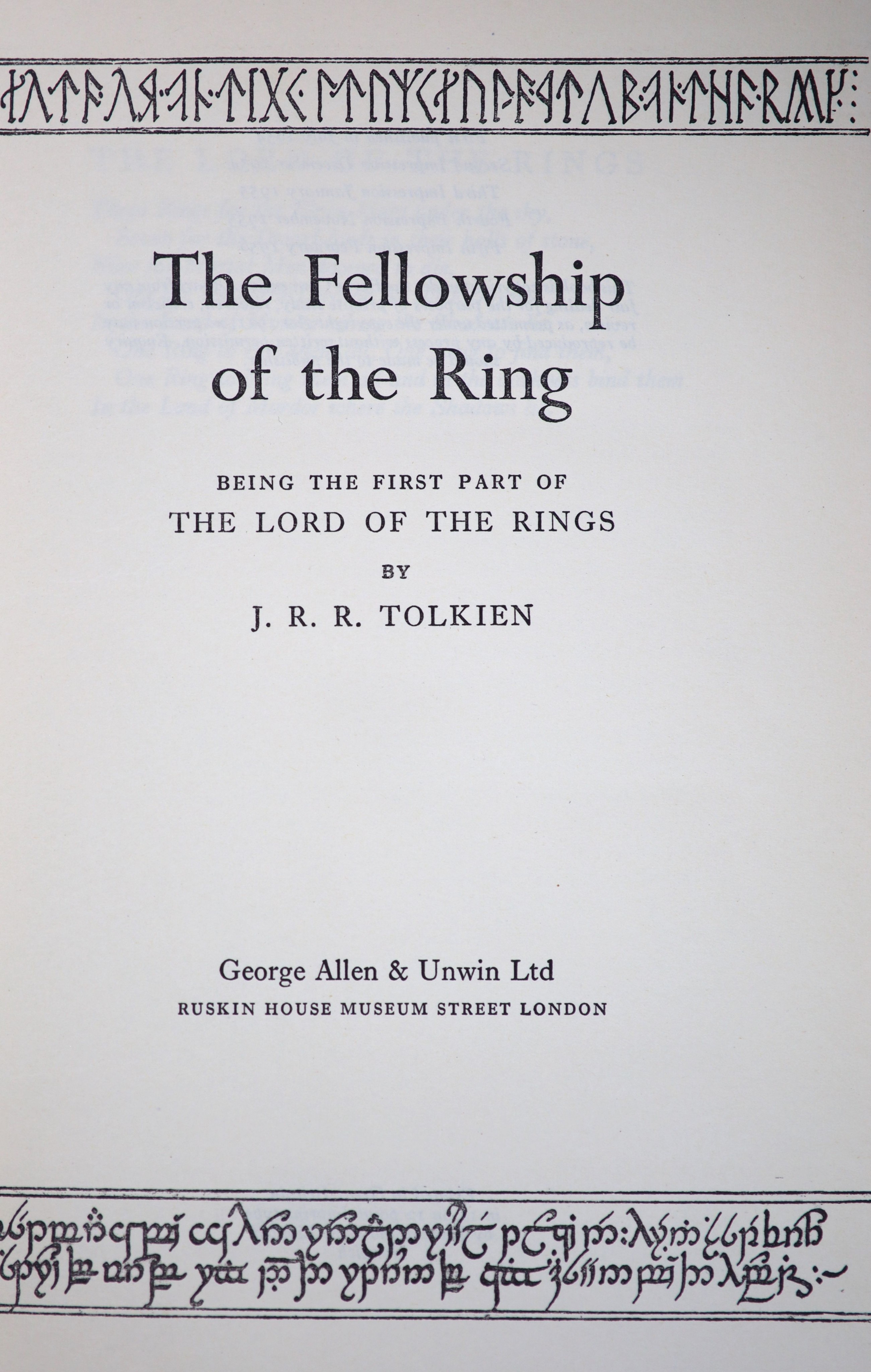 Tolkien, J.R.R - The Lord of the Rings, 3 vols, The Fellowship of the Ring, 5th impression, 1956; The Two Towers, 4th impression, 1956 and The Return of the King, 2nd impression, 1955, rebound red cloth, school prize bin